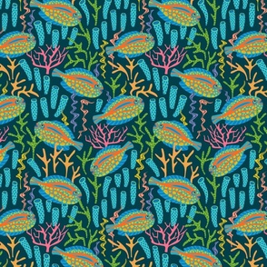 TROPICAL ZONE Coral Reef Fish Undersea Ocean Sea Creatures in Bright Colours on Dark Teal Blue - SMALL Scale - UnBlink Studio by Jackie Tahara