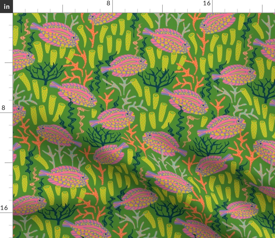 TROPICAL ZONE Coral Reef Fish Undersea Ocean Sea Creatures in Pink Purple Yellow Orange on Green - SMALL Scale - UnBlink Studio by Jackie Tahara