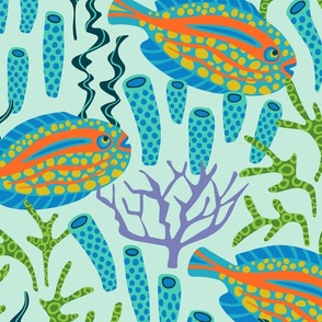 TROPICAL ZONE Coral Reef Fish Undersea Ocean Sea Creatures in Bright Colours on Light Aqua - LARGE Scale - UnBlink Studio by Jackie Tahara