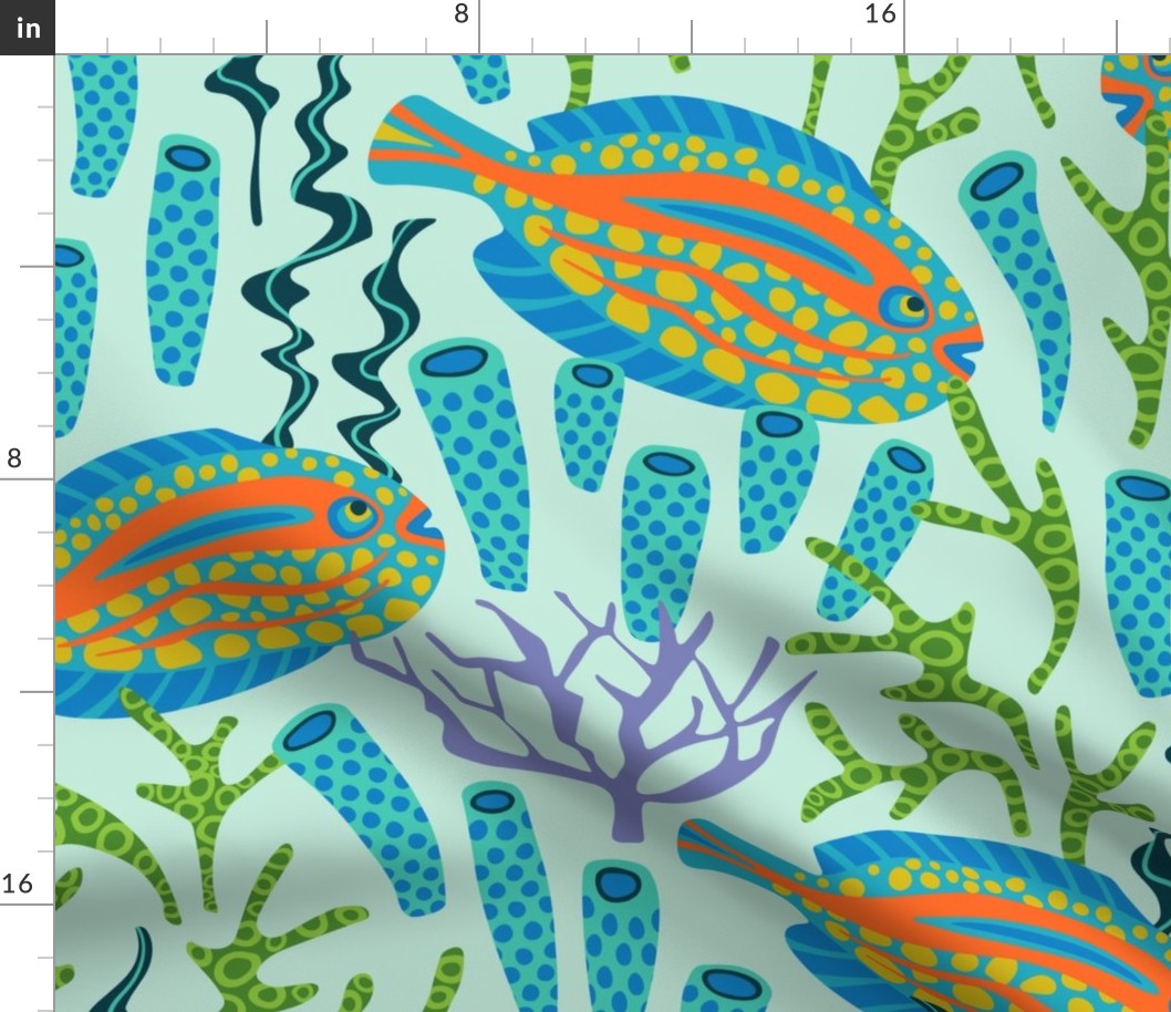 TROPICAL ZONE Coral Reef Fish Undersea Ocean Sea Creatures in Bright Colours on Light Aqua - LARGE Scale - UnBlink Studio by Jackie Tahara