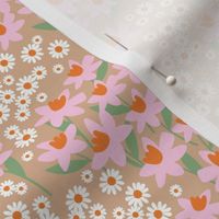Romantic colorful ditsy flower patches - daisies and daffodils springtime blossom flowers retro bright pink tangerine orange jade green on latte beige