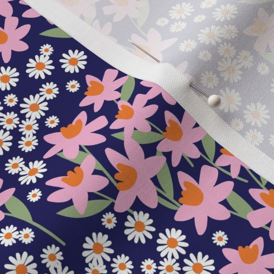 Romantic colorful ditsy flower patches - daisies and daffodils springtime blossom flowers retro bright pink orange sage green on navy blue