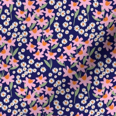 Romantic colorful ditsy flower patches - daisies and daffodils springtime blossom flowers retro bright pink orange sage green on navy blue