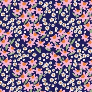 Romantic colorful ditsy flower patches - daisies and daffodils springtime blossom flowers retro bright pink orange sage green on navy blue