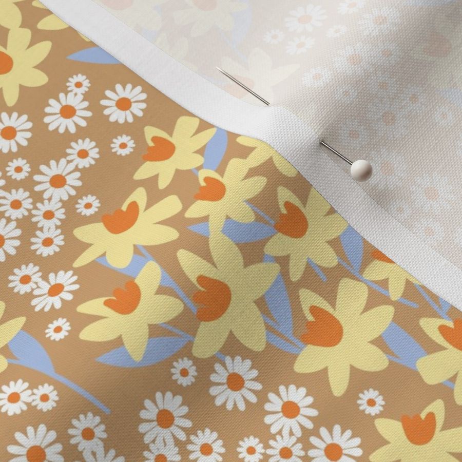 Romantic colorful ditsy flower patches - daisies and daffodils springtime blossom flowers retro bright yellow tangerine orange sky blue on tan beige