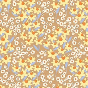 Romantic colorful ditsy flower patches - daisies and daffodils springtime blossom flowers retro bright yellow tangerine orange sky blue on tan beige