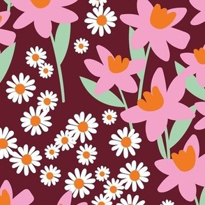 Romantic colorful ditsy flower patches - daisies and daffodils springtime blossom flowers retro bright pink mint white on burgundy LARGE