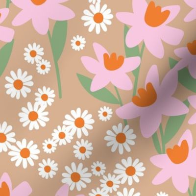 Romantic colorful ditsy flower patches - daisies and daffodils springtime blossom flowers retro bright pink tangerine orange jade green on latte beige LARGE