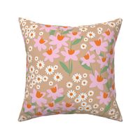 Romantic colorful ditsy flower patches - daisies and daffodils springtime blossom flowers retro bright pink tangerine orange jade green on latte beige LARGE