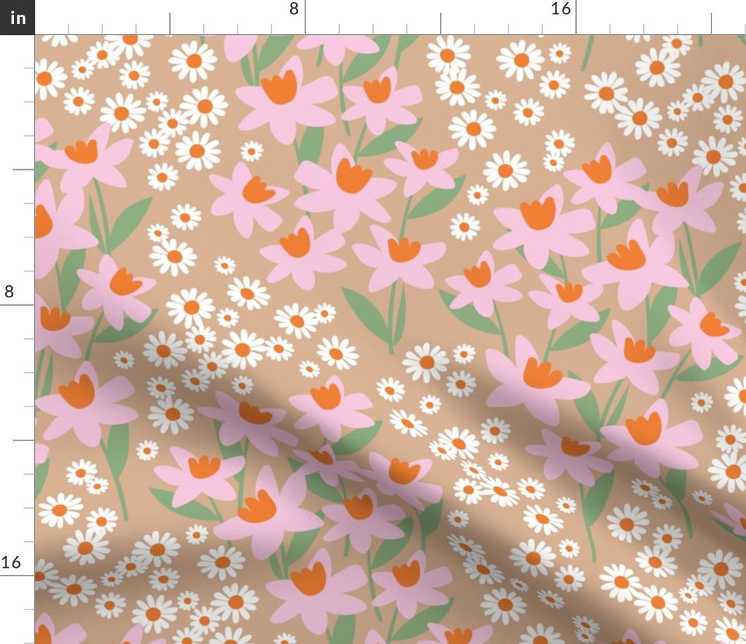 Romantic colorful ditsy flower patches - daisies and daffodils springtime blossom flowers retro bright pink tangerine orange jade green on latte beige LARGE