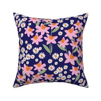 Romantic colorful ditsy flower patches - daisies and daffodils springtime blossom flowers retro bright pink orange sage green on navy blue LARGE