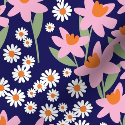 Romantic colorful ditsy flower patches - daisies and daffodils springtime blossom flowers retro bright pink orange sage green on navy blue LARGE