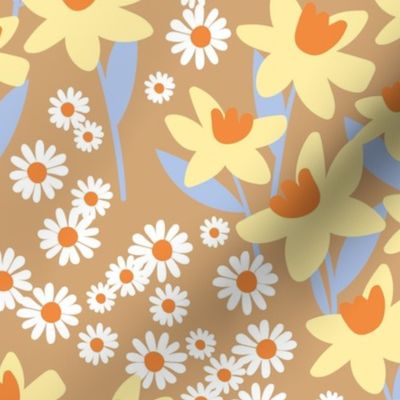 Romantic colorful ditsy flower patches - daisies and daffodils springtime blossom flowers retro bright yellow tangerine orange sky blue on tan beige LARGE