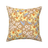 Romantic colorful ditsy flower patches - daisies and daffodils springtime blossom flowers retro bright yellow tangerine orange sky blue on tan beige LARGE