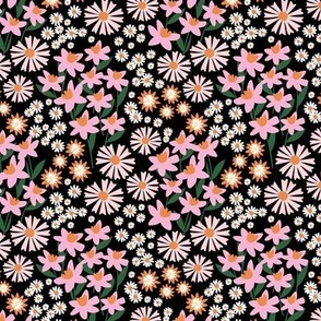Daffodils daisies lilies and gardenias - Summer patch blossom flowers retro colorful garden pink orange blush pine green on black SMALL