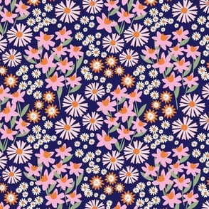 Daffodils daisies lilies and gardenias - Summer patch blossom flowers retro colorful garden pink orange blush on navy blue SMALL