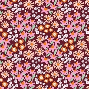Daffodils daisies lilies and gardenias - Summer patch blossom flowers retro colorful garden pink orange blush on burgundy SMALL