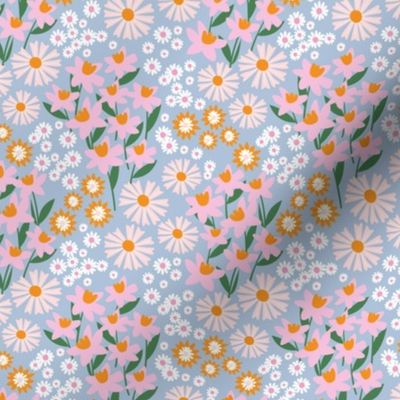 Daffodils daisies lilies and gardenias - Summer patch blossom flowers retro colorful garden pink orange blush on sky blue SMALL