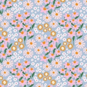 Daffodils daisies lilies and gardenias - Summer patch blossom flowers retro colorful garden pink orange blush on sky blue SMALL
