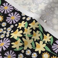 Daffodils daisies lilies and gardenias - Summer patch blossom flowers retro colorful garden lilac yellow jade green on black SMALL