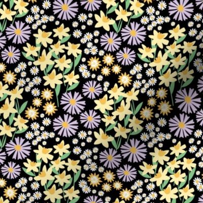 Daffodils daisies lilies and gardenias - Summer patch blossom flowers retro colorful garden lilac yellow jade green on black SMALL