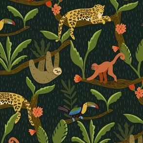 Rainforest jungle animals - jaguar, toucan, monkey, sloth - Amazon rainforest - dark blue black, green plants, red flowers