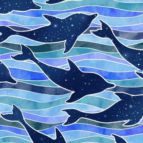 Deep Dreams dolphins silhouettes with sky full of stars swimming in textured blue, teal, violet and indigo waves