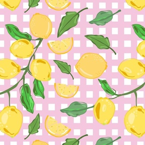 Lemons and Leaves Pink Check