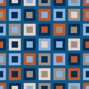 checkerboard of abstract orange, blue and light brown squares