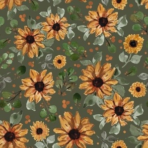 Medium - Betty Sunflowers - Deep Moss Green - 9x9 fabric // 24x24 wallpaper