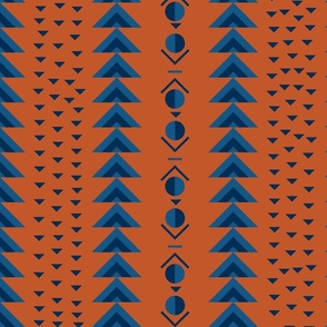 Stripes of Blue Triangles and Circles on Rust Background