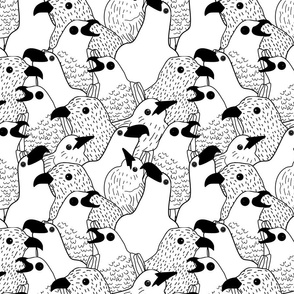 An Unkindness (flock) of Black and White Raven Birds Line Drawing