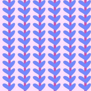  Abstract  Blue/Purple Hearts on Pink Background with green vine stems.