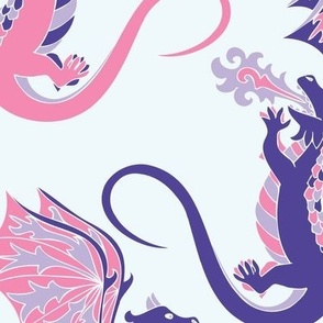 'Where Dragons Dwell' Pink and Purple on Light Blue Large Wallpaper Scale
