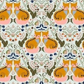 Medium 4 in. Foxes and Ferns. Mustard in Mint Blue fabric. Animal Botanical Design for Home Decor, Nursery Room and Crafts