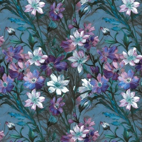 Violet Flowers on a Deep Blue Background with Shadows