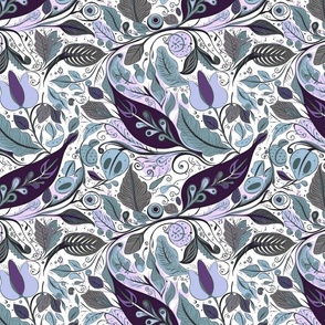 Swirling Leaves in Purples, Gray and Pale Blue