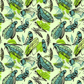 Abstract Cicadas in Acid Green, Deep Aqua and Black on Pale Green