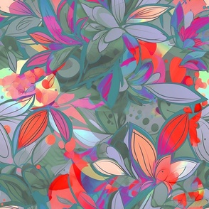 Leaf Pattern in Bright Red and Fuschia on Muted Blues and Greens
