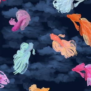 Large Scale Sleeps with the Fishes: Orange Pink Light Blue Beta Fish Swim in the Nighttime Dreamy Cloudy Sky