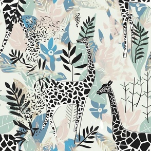 Monochrome Giraffes on Pale Blue and Pink Leaves