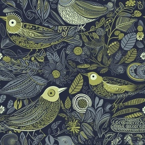 Intricate Line Drawing of Birds, Flowers and Leaves