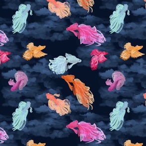 Sleeps with the Fishes: Orange Pink Light Blue Beta Fish Swim in the Nighttime Dreamy Cloudy Sky