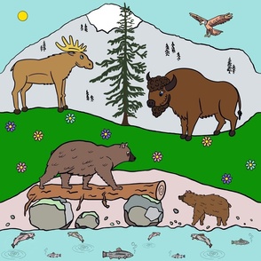 Northern mountain animals, moose, bear, buffalo,  eagle, trout - extra large print