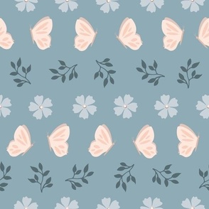 Rows of blue flowers, leaves and butterflies on blue background