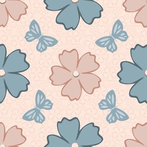 Peach and blue  flowers and butterflies