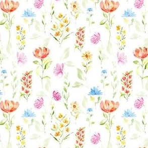 Watercolor spring wildflowers in blue, purple, yellow, red for bedding 