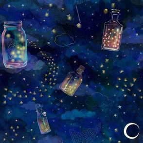 Dreamy Fireflies,  a firefly design with stars, bottles, jars and clouds