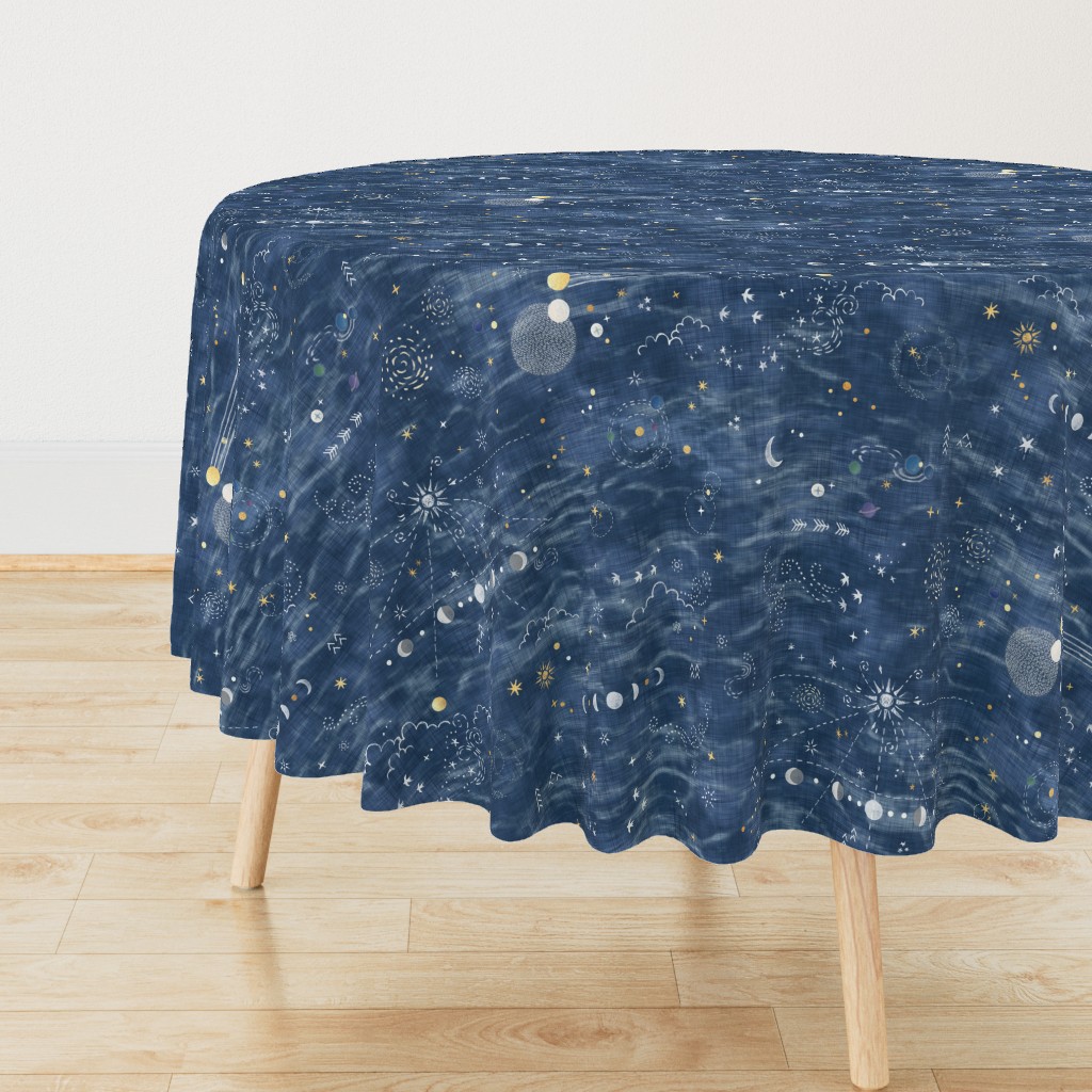 Star Gazer on Twilight Blue (xl scale) | Hand drawn galaxies, planets, moon and stars on shibori blue, celestial navigation, astronavigation, space explorer, star gazing, astronomy fabric in denim blue and gold.