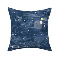 Star Gazer on Twilight Blue (xl scale) | Hand drawn galaxies, planets, moon and stars on shibori blue, celestial navigation, astronavigation, space explorer, star gazing, astronomy fabric in denim blue and gold.